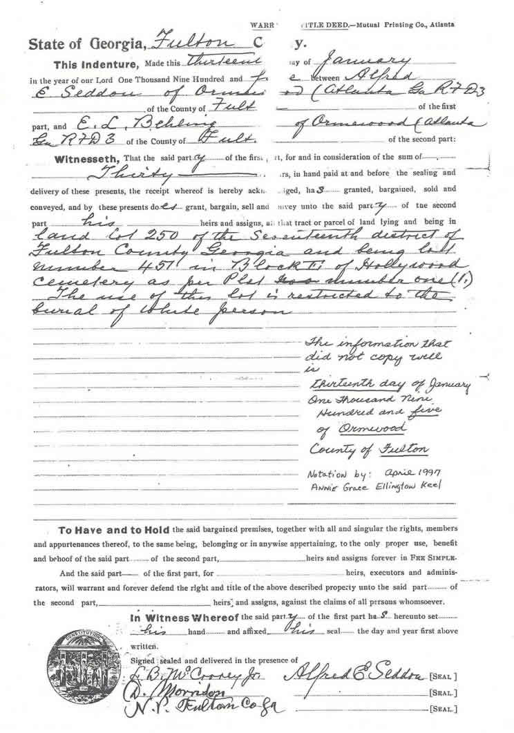 Deed to cemetery plot